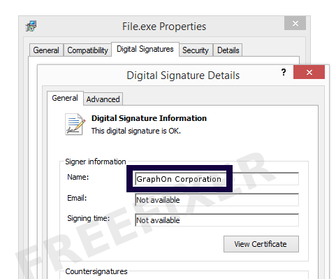 Screenshot of the GraphOn Corporation certificate